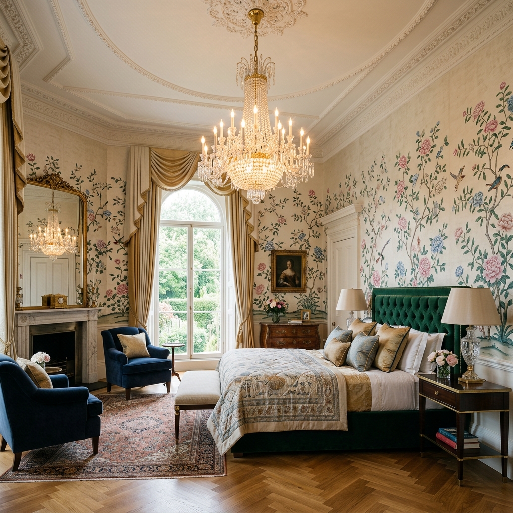 Luxury wallpapered interior room with floral patterns, crystal chandelier, and elegant furniture by Lillian's Interiors