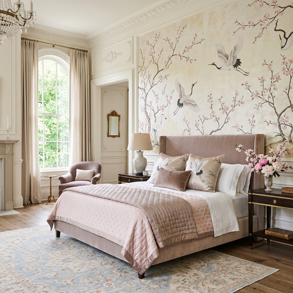 Luxury bedroom with cherry blossom and crane wallpaper mural