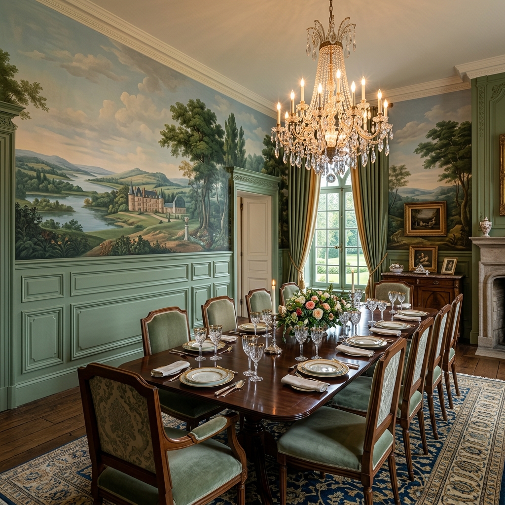 Scenic pastoral landscape mural dining room with sage wainscoting