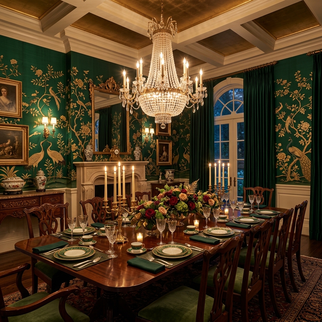 Emerald green chinoiserie wallpaper in formal dining room