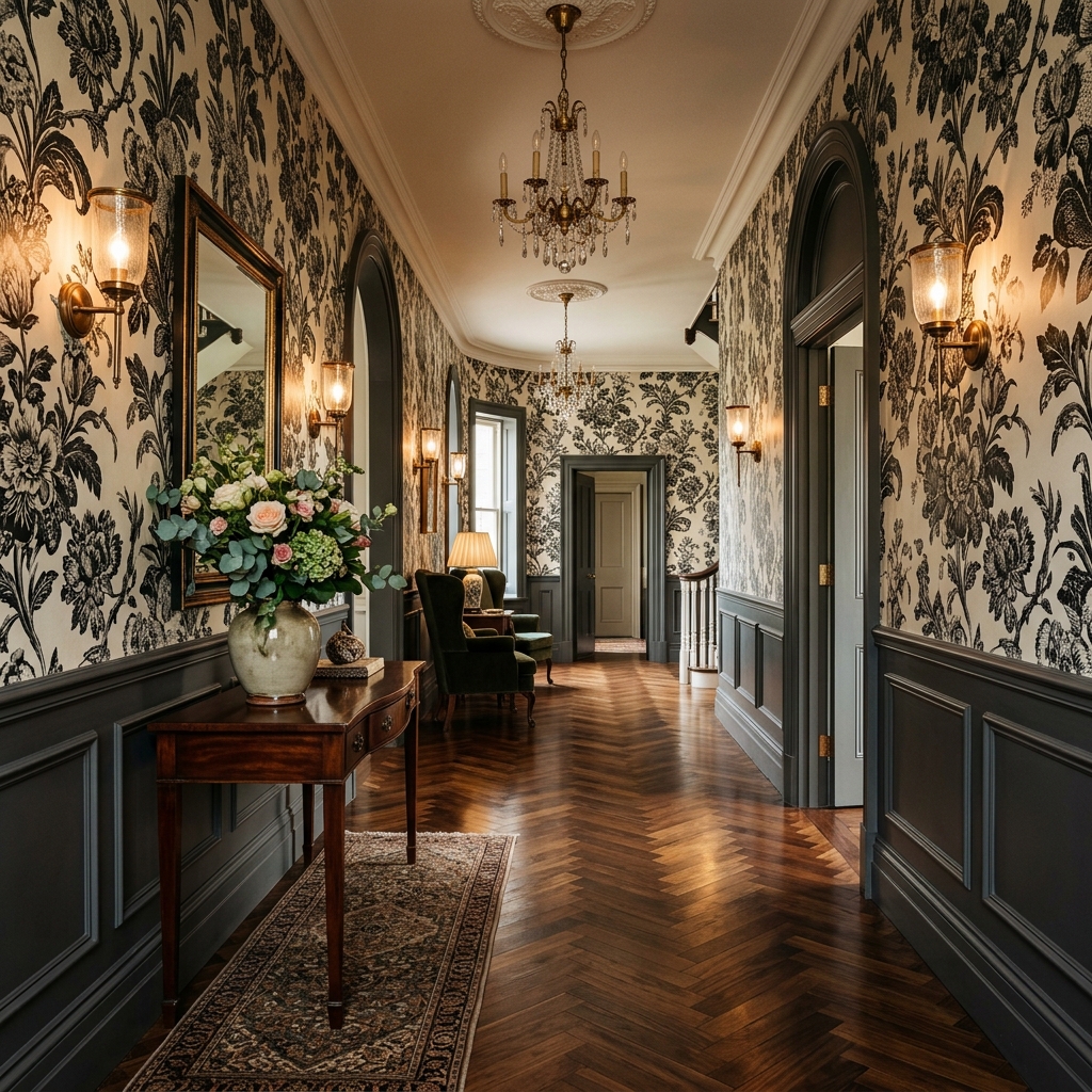 Grand foyer with toile botanical wallpaper and herringbone floors