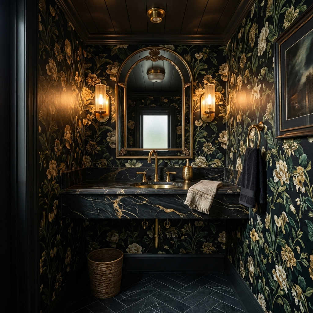Dark botanical wallpaper powder room with marble vanity and brass fixtures