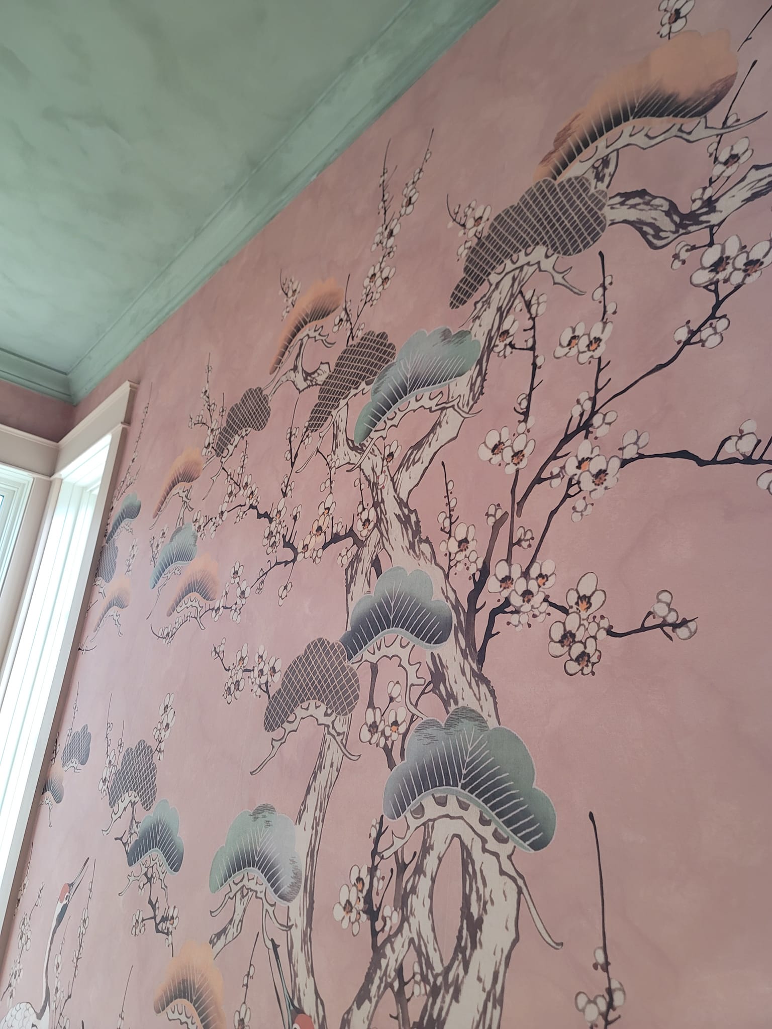 Japanese crane and cherry blossom wallpaper mural by Lillian's Interiors