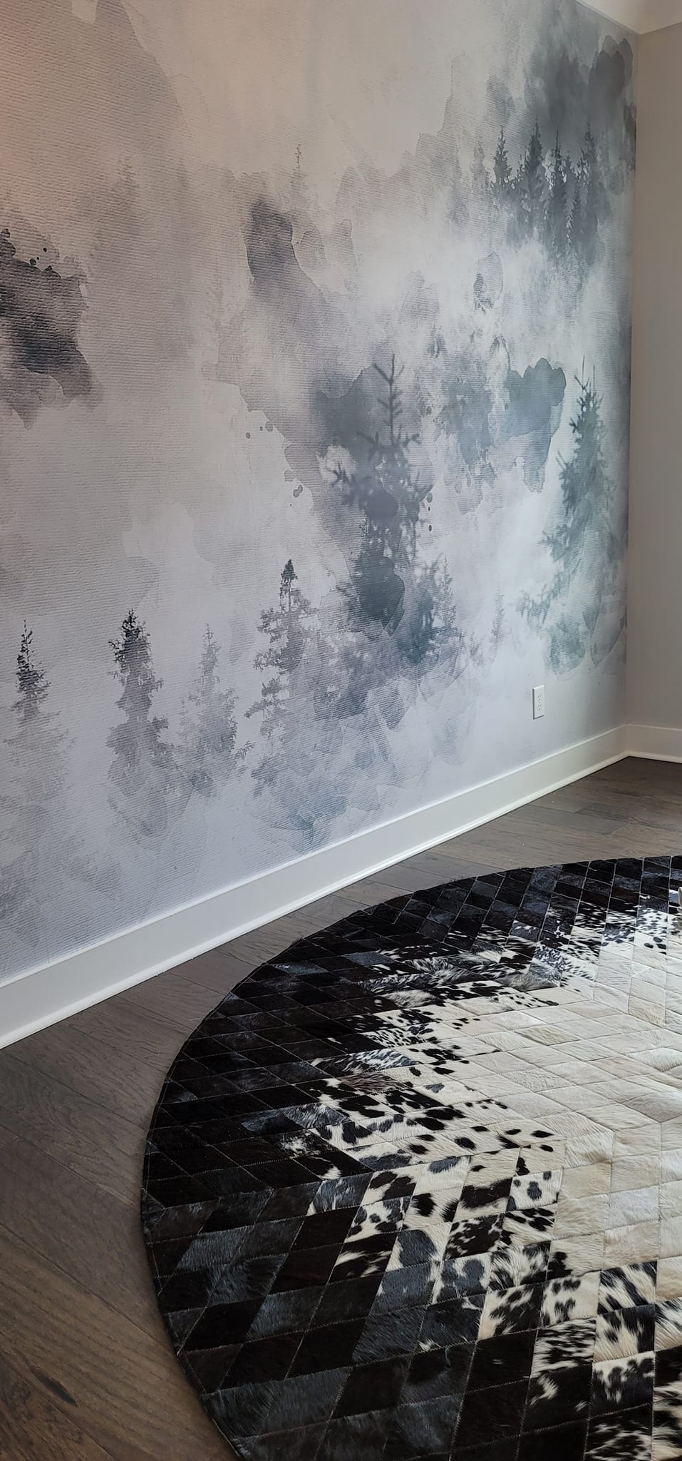 Misty watercolor forest mural wallpaper by Lillian's Interiors