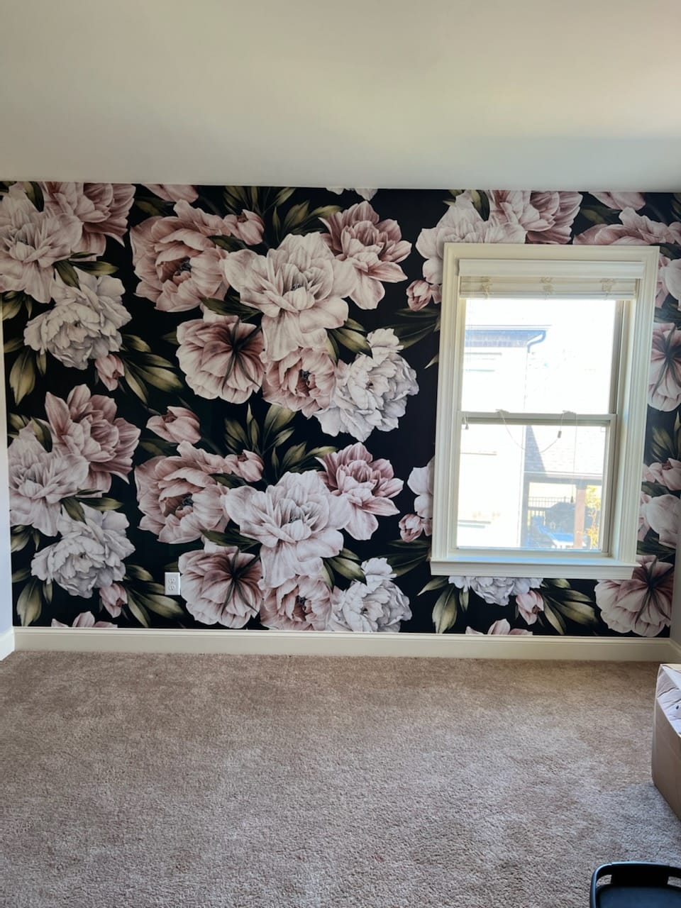 Large-scale peony wallpaper accent wall by Lillian's Interiors